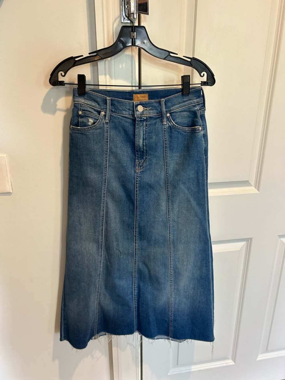 MOTHER Blue Denim Midi Skirt with Panel Seams